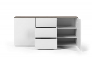 Buffet WHITY 2 blanc mat 180cm 2 portes/3 tiroirs Plateau en bois noyer